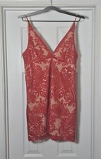 Free People Red Night Shimmers Lace Mini Dress Sequin Deep V-Neck Party Size 8