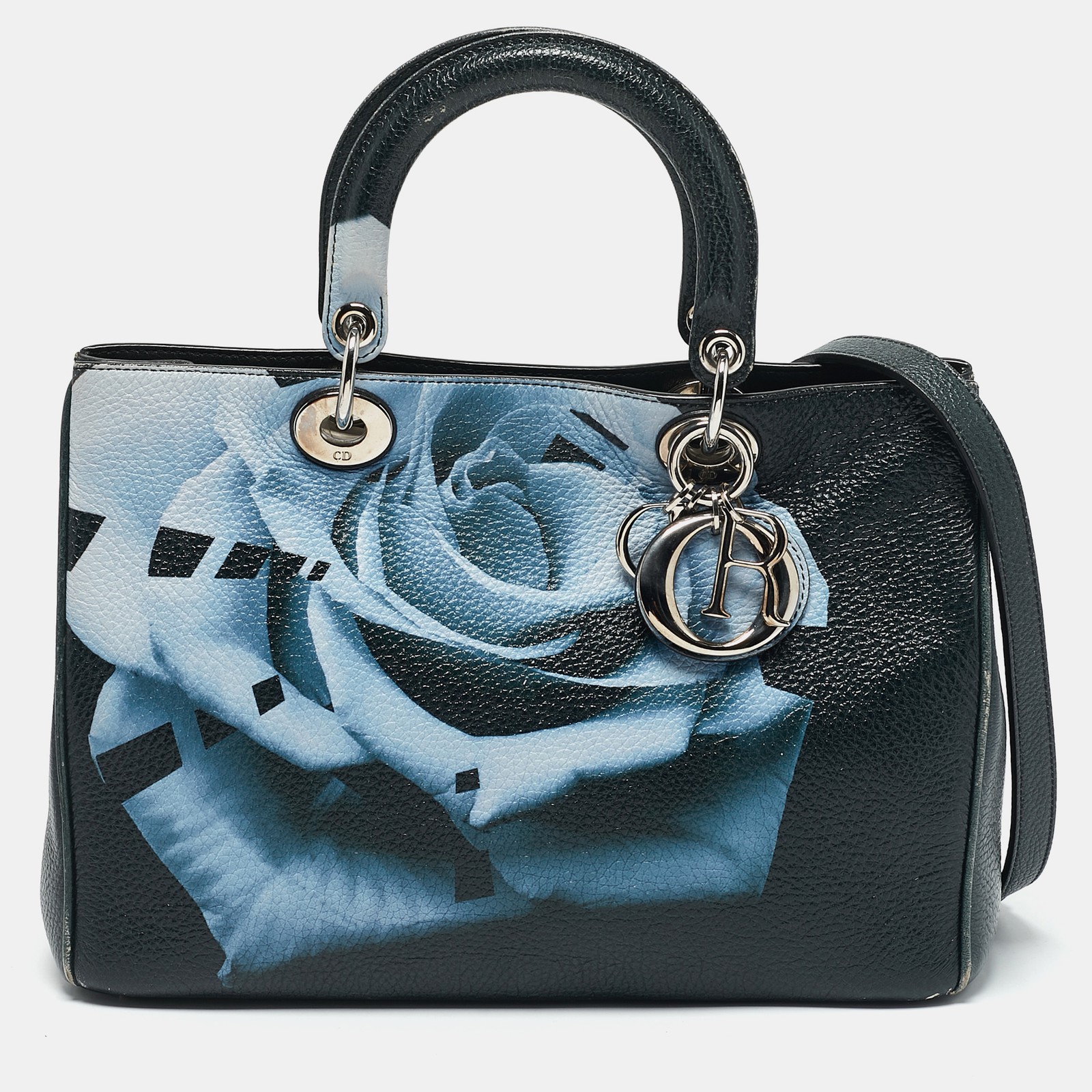 Dior Navy Blue Floral Leather Medium Diorissimo Tote Bag