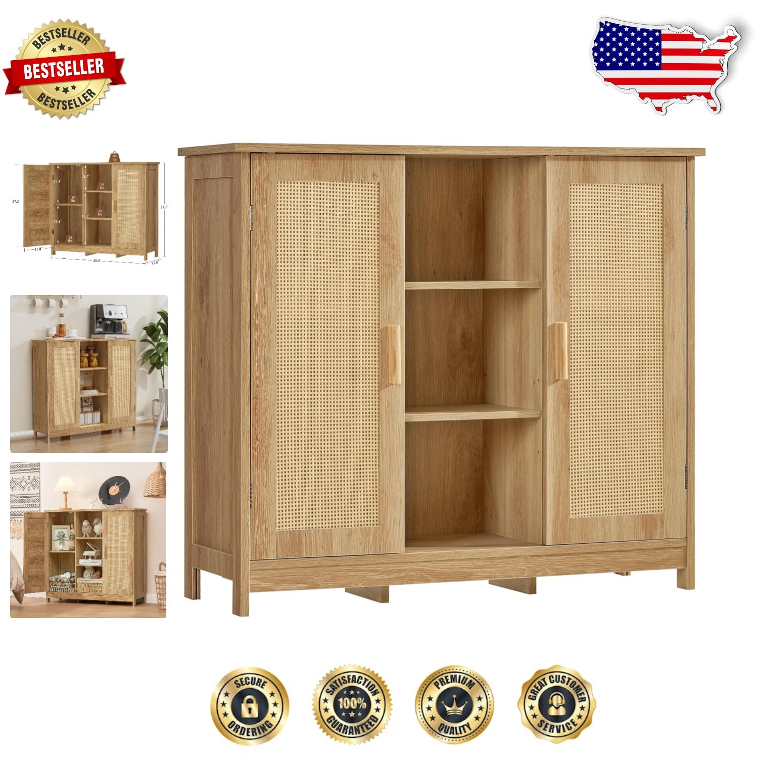 Freestanding Coffee Bar Cabinet with Rattan Doors and 4 Adjustable Shelves