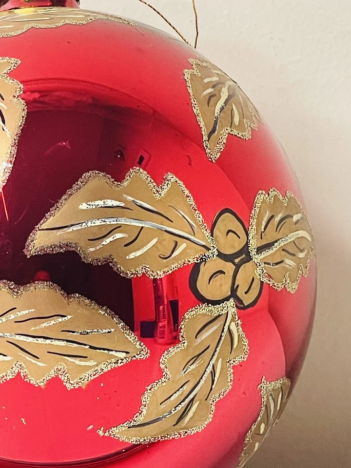 Vintage Glass Christmas Ornament - Hand Painted Red & Gold Size Extra Large - Image 3 of 4