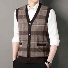 Mens Knitted Vest V Neck Sleeveless Jumper Button Up Sweater Tank Top Cardigan