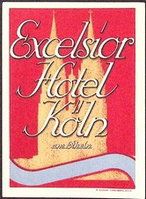 EXCELSIOR HOTEL KOLN AM RHEIN Germany c1940s Luggage Travel Label 3.5 x 4.5"