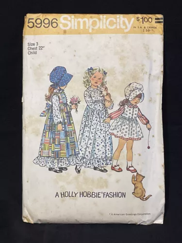Simplicity 5996 Vtg 1973 Holly Hobbie Dress Pattern size 3 Chest 22” Uncut