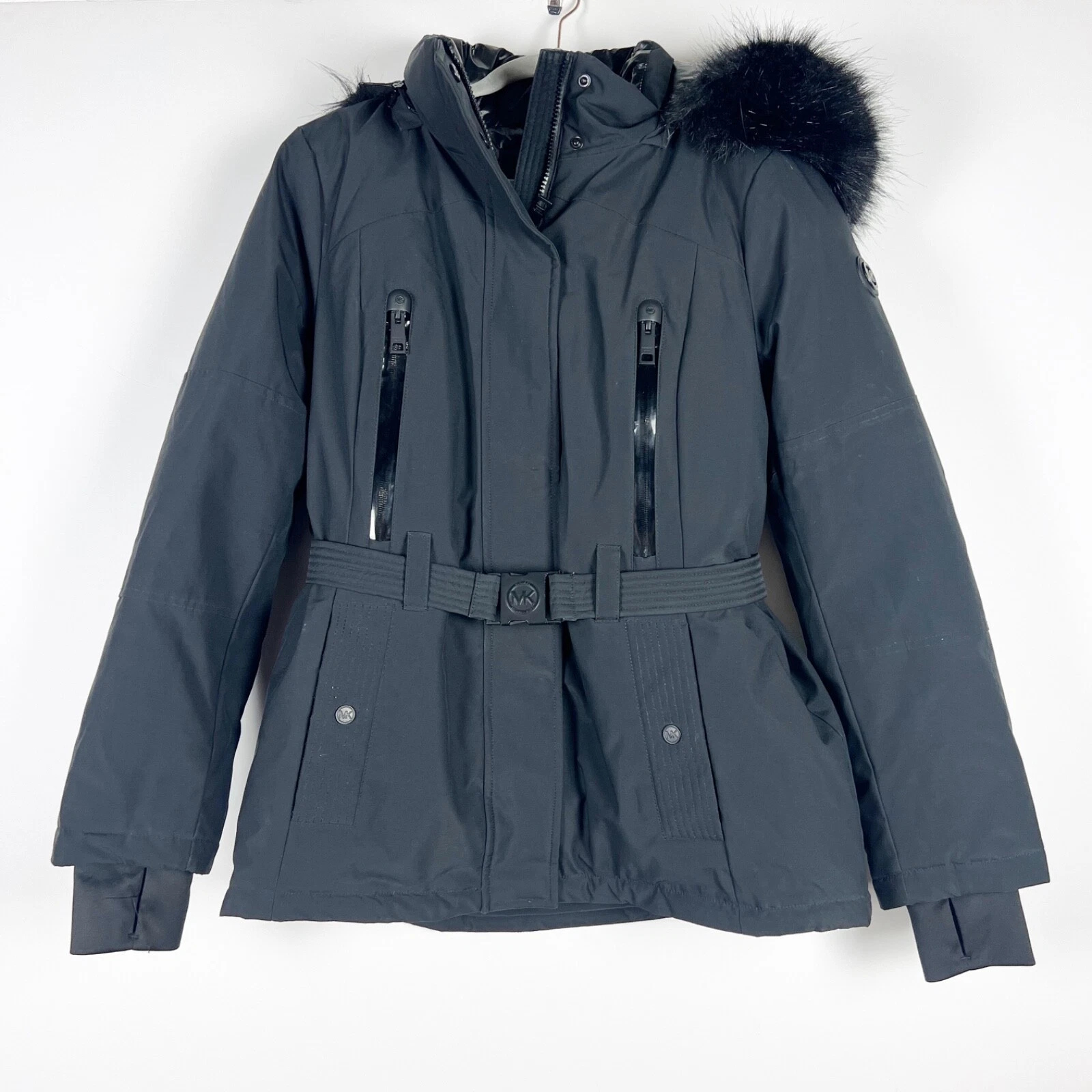 Giacca cappotto invernale Michael Kors donna pelliccia sintetica vegan cappuccio zip intera nero M