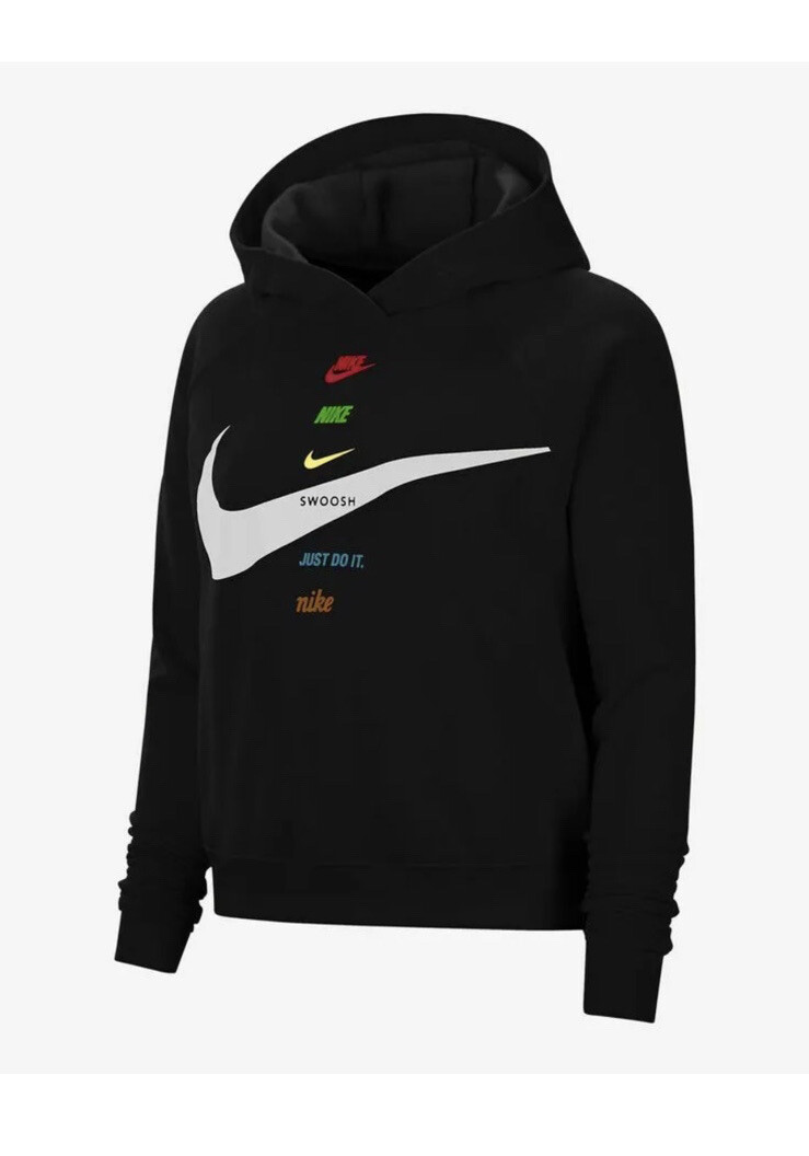 Nike Hoodie Women's Black Swoosh Fleece White Logo On Front