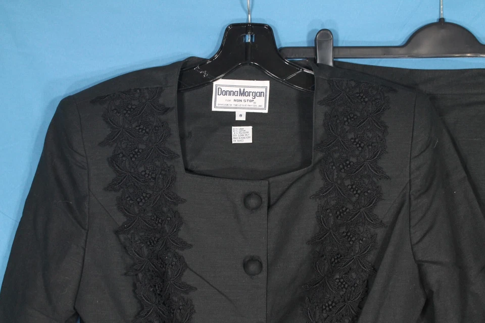 DONNA MORGAN Black LINEN BLEND Button-Up FLORAL LACE Jacket/Skirt OUTFIT SET 8 - Image 2 of 4