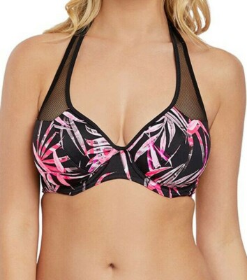 Freya Sunset Palm Bikini Oberteil 36D schwarz pink Mesh gebändert Neckholder Plunge BH 2891