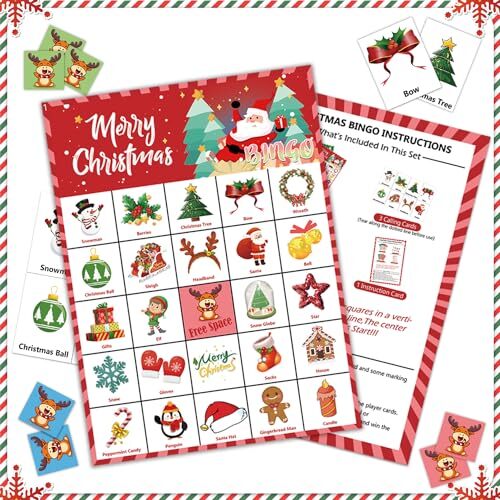 30 Players Christmas Bingo Game Cards for Adults and Kids Indoor Party ...