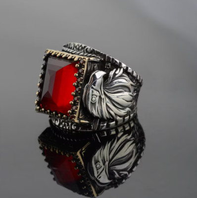 Ruby Stone Turkish Handmade 925 Sterling Silver jewelry Eagle  Men's Ring 101