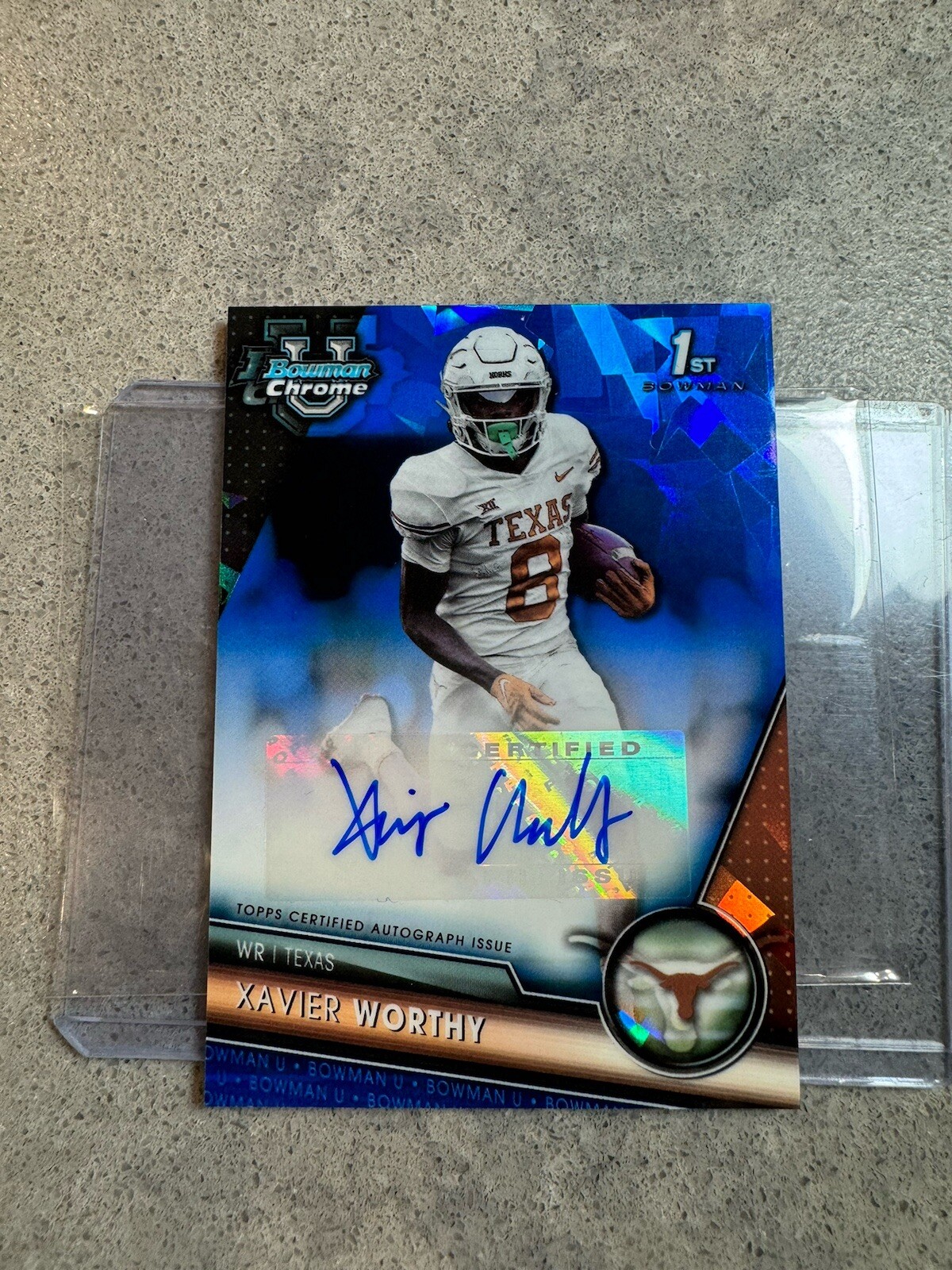 Xavier Worthy 2023 Bowman Chrome University Sapphire RC Auto Chiefs/Texas