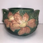 Vintage Roseville Pink Clematis Jardiniere #455-4” Green Floral Pottery