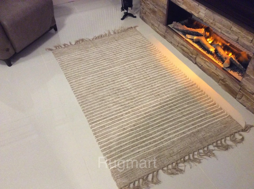 Striped Natural Cotton Jute Handloomed Cream Beige Washable Reversible Area Rugs - Image 2 of 4