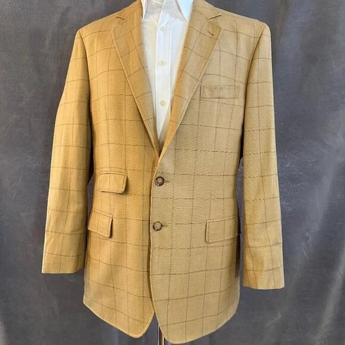 New Henry Jacobson Lg tan silk/linen 3-button half-belt sport coat with suede