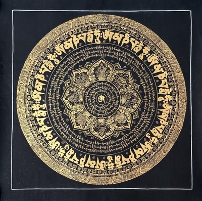 OM MANI PADME HUM MANTRA MANDALA BLACK & GOLD ORIGINAL TIBETAN THANGKA PAINTING