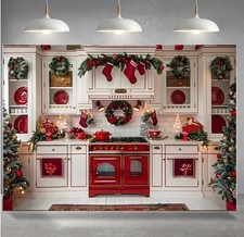 Christmas Kitchen Cabinets Photography Backdrops 7x5FT - Red Vinyl - Birthday