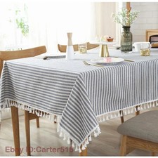 Tablecloth Cotton Linen Stripe Print Table Cloth Tassels Home Table Cover 1pc