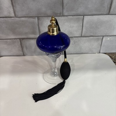 Vintage Cobalt Blue Art Glass 7'' Perfume Bottle Atomizer w Tassel