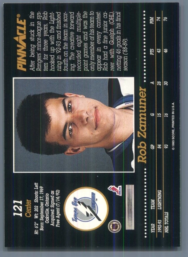 1993-94 Pinnacle Canadian Tampa Bay Lightning Rob Zamuner #121 - Image 2 of 2