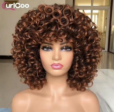 Women Afro Kinky Curly Wig With Synthetic Short Hair Wigs With Headband