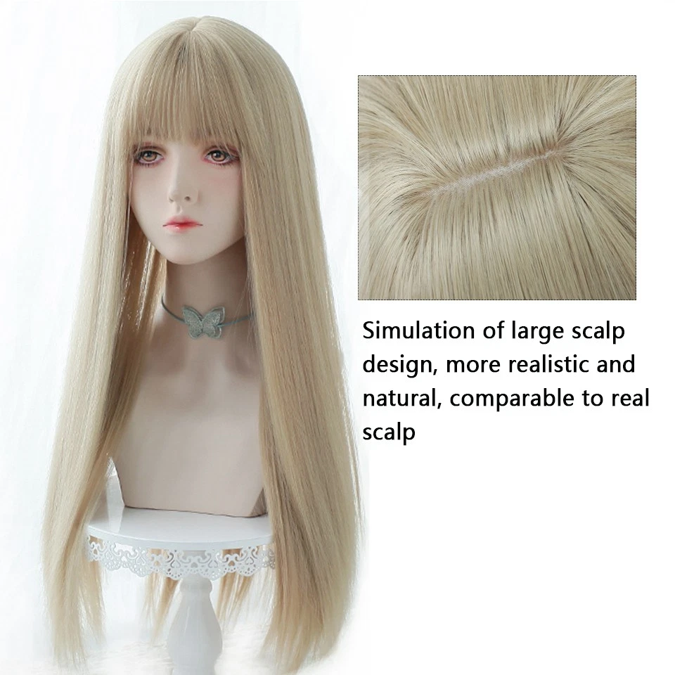 Pelucas Cosplay con Flequillo Cabello Resistente al Calor Largo Recto Resaltar Rubio Suave Foto 2 de 4