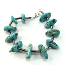 Beaded Gun Metal Gray Beads with Faux ? Turquoise 7" Bracelet Lobster Claw Clasp