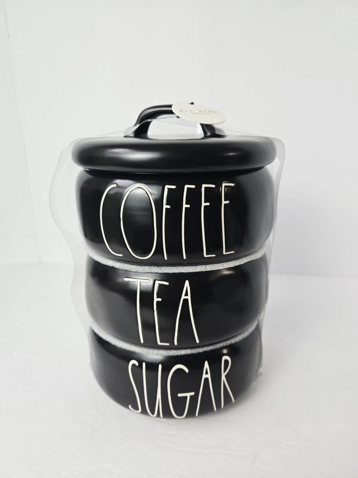 Rae Dunn Coffee Tea Sugar Ceramic Stacking Canister Set w/Lid NEW black