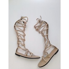 ZARA Gamuza Cuero Hebilla Gladiador Plano Hasta la Rodilla Botas Sandalias Talla 7.5