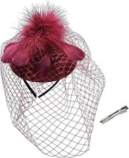 ANHONG H style Fascinator Hat Burgundy net veil tea party feather derby stage
