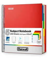 Dunwell 5-Subject Spiral Notebook, College Ruled Red , Colorful Movable Pock...