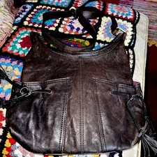 Oasis Brown Distressed Genuine Leather  Cross Handbag Vgc Boho Western Tassles