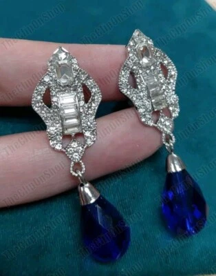 CLIP ON Big Vtg Art Deco EARRINGS Crystal DARK BLUE Glass DROP Silver Rhinestone - Image 1 of 4