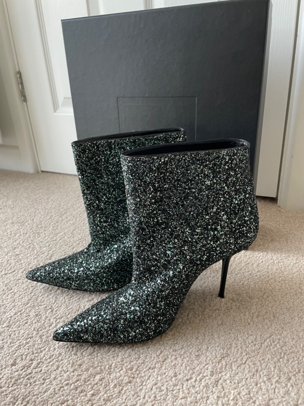 Stivaletti Saint Laurent Pierre 95 glitter tacco mezzanotte verde chiaro 40 UK 7