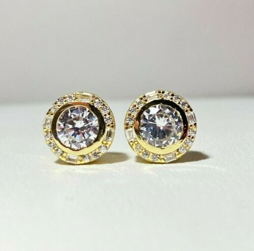 14K Yellow Gold Plated Real Moissanite 2 Ct 4mm Round Screwback Stud Earrings - Picture 1 of 5