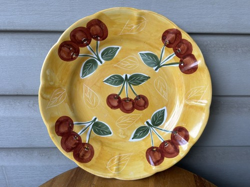 Vintage Pottery Barn Cherries Summer Yellow Art Pottery Plate 12" Marked Mexico