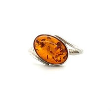 Vintage Signed Sterling Silver Modernist Oval Tension Baltic Amber Ring sz 5 3/4