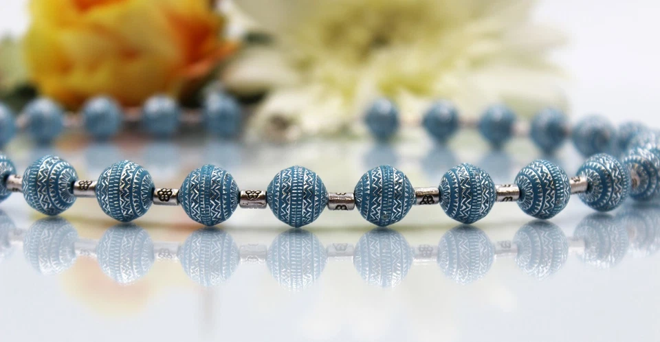 Collana In Argento Con Perle Di Acrilico Blu Hippie Boho Estate #M008 - Immagine 2 di 4