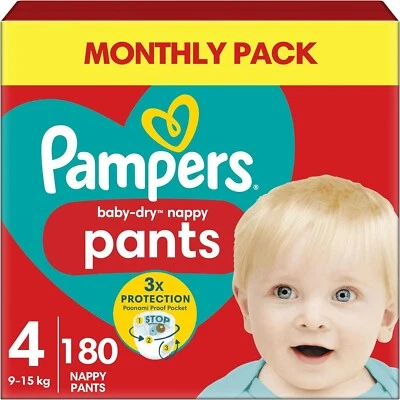 Pampers Baby-Dry Nappy Pants Size 4, 180 Nappies, 9kg-15kg, Monthly Pack