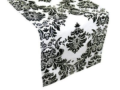 Damask Table Runner 12'' x 108'' 3D Black White Flocking Flocked Velvet
