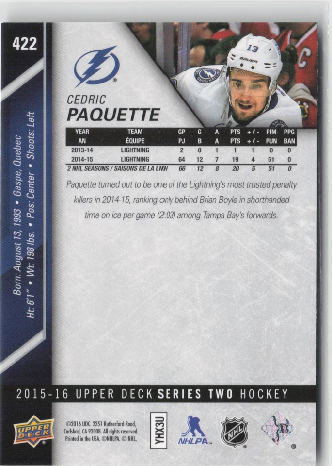 2015-16 Upper Deck #422 Cedric Paquette - Image 2 of 2
