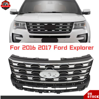 For Ford Explorer 2016 2017 Front Bumper Upper Grille Grill Silver Coated Black