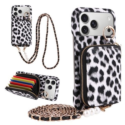 For Apple iPhone 17 Pro Max 16 15 14 13 12 Phone Cover Pearl Chain Leopard Print