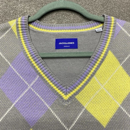 Jack Jones Knitted Sweater Vest Mens 42in Chest Grey Purple Argyle Diamond Golf - Picture 4 of 12