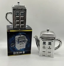 BBC Doctor Who Silver Metallic Ceramic TARDIS Teapot & Mug w/Lid Set VGUC