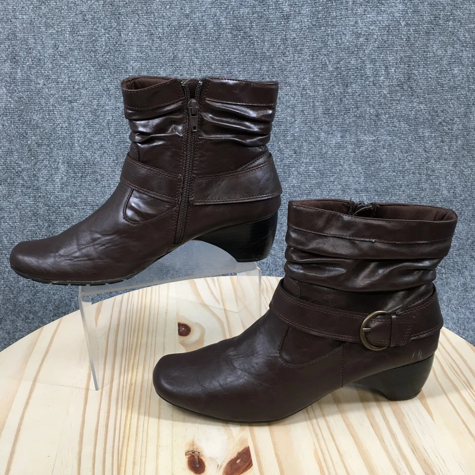 I Love Comfort Womens 10M Brown Ankle Boots Strap Buckle Side Zip Low Heel - Image 2 of 4