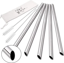 5Pcs Stainless Steel Reusable 0.5 Inch Boba & Smoothie Straws w/2 Cleaning Brush
