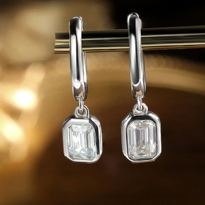 1-2Ct Emerald Cut Moissanite Bezel Hoop Drop Earrings Women 925 Sterling Silver