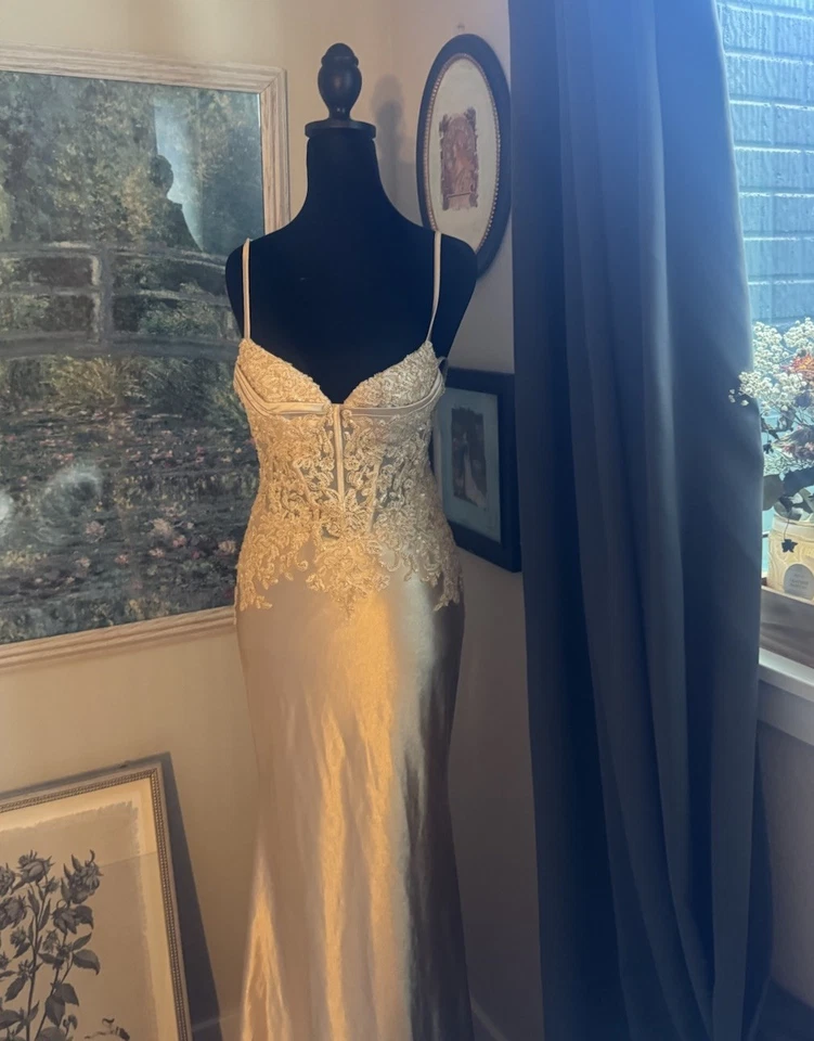 Hermoso vestido color champán con detalles de encaje talla 4 para mujer Foto 2 de 4