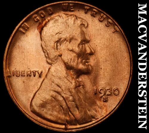 1930-S Lincoln Wheat Cent- Red- Choice Gem Brilliant Uncirculated Luster #J4043