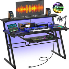 Music Studio Desk, Music Production Workstation with Power Outlets and RGB LED L