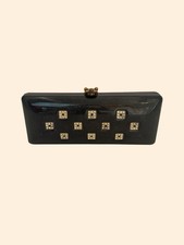 Vintage 1950s 1960s Black Lucite Clutch Rhinestone Box Purse Mid Century